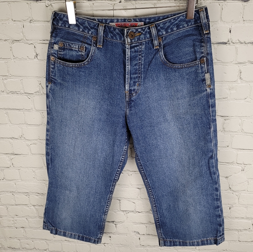SILVER | button fly bermuda length jean shorts jorts